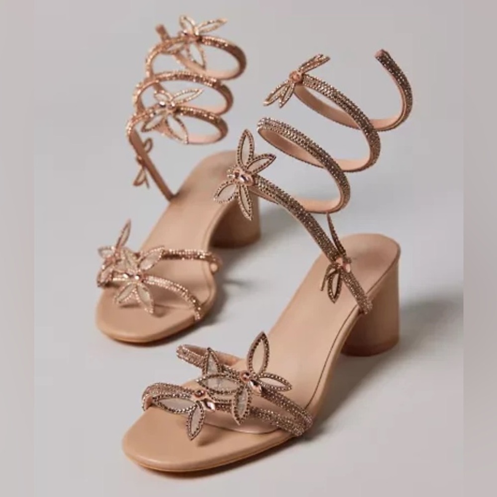 Azalea Wang Quinton Heels - Nude Rhinestone Butterfly Block Heeled Sandals
